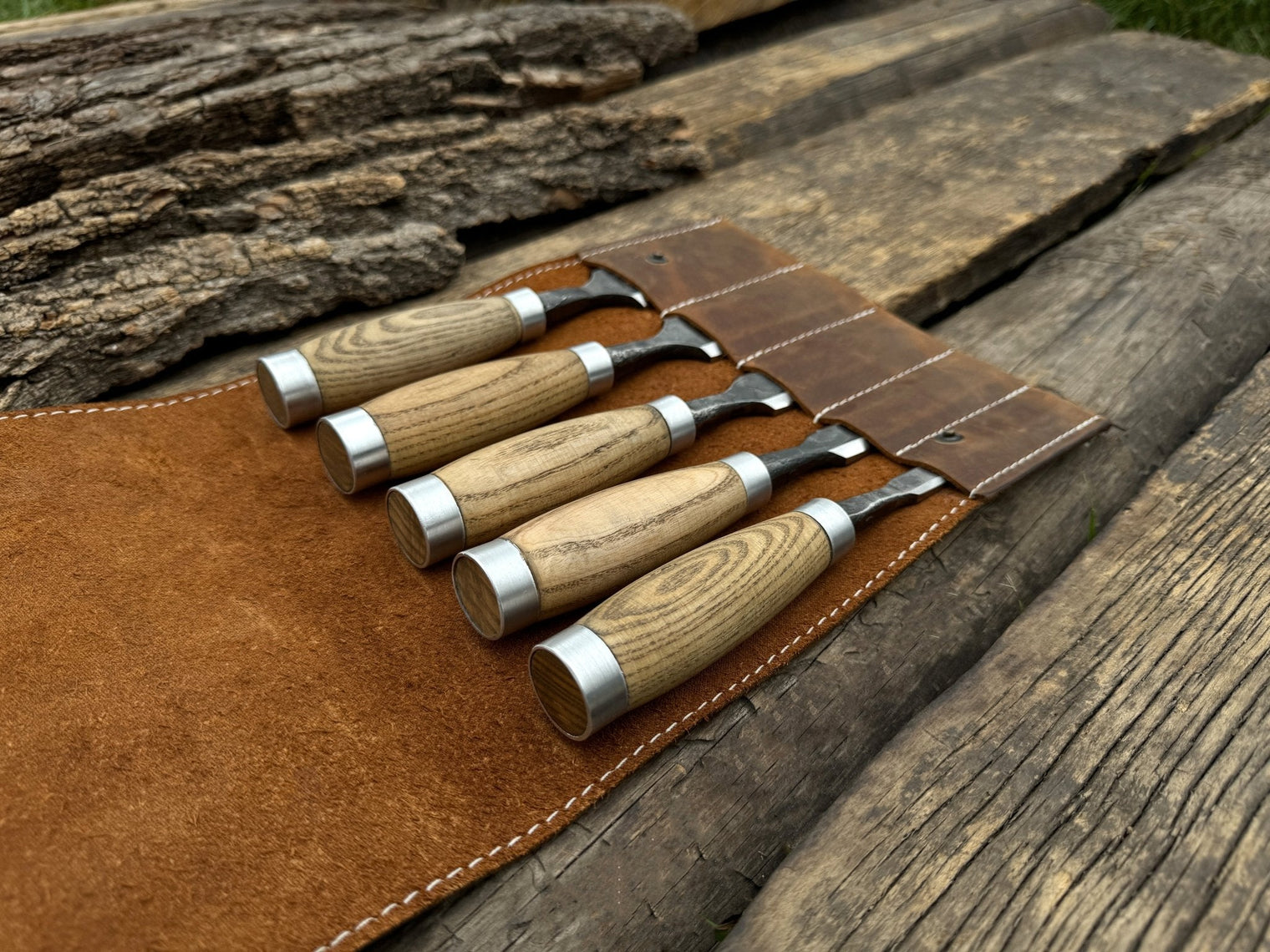 5-Piece Small Timber Framing Chisel Set with Leather Case