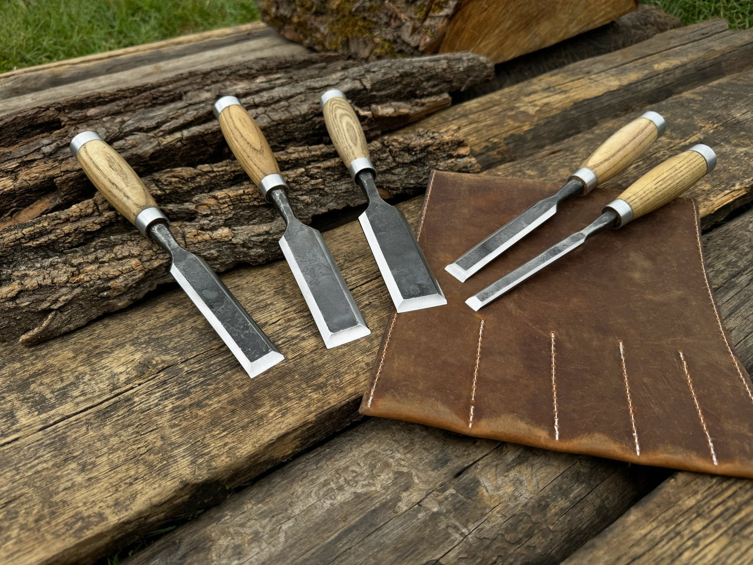 5-Piece Small Timber Framing Chisel Set with Leather Case