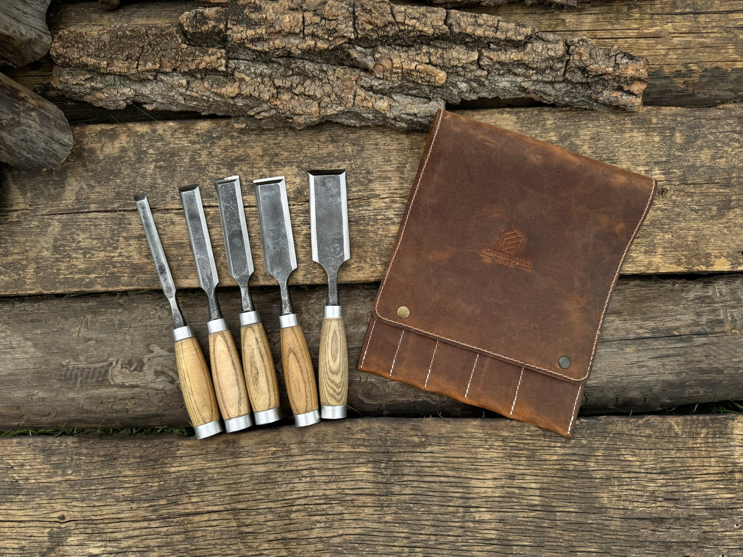 5-Piece Small Timber Framing Chisel Set with Leather Case