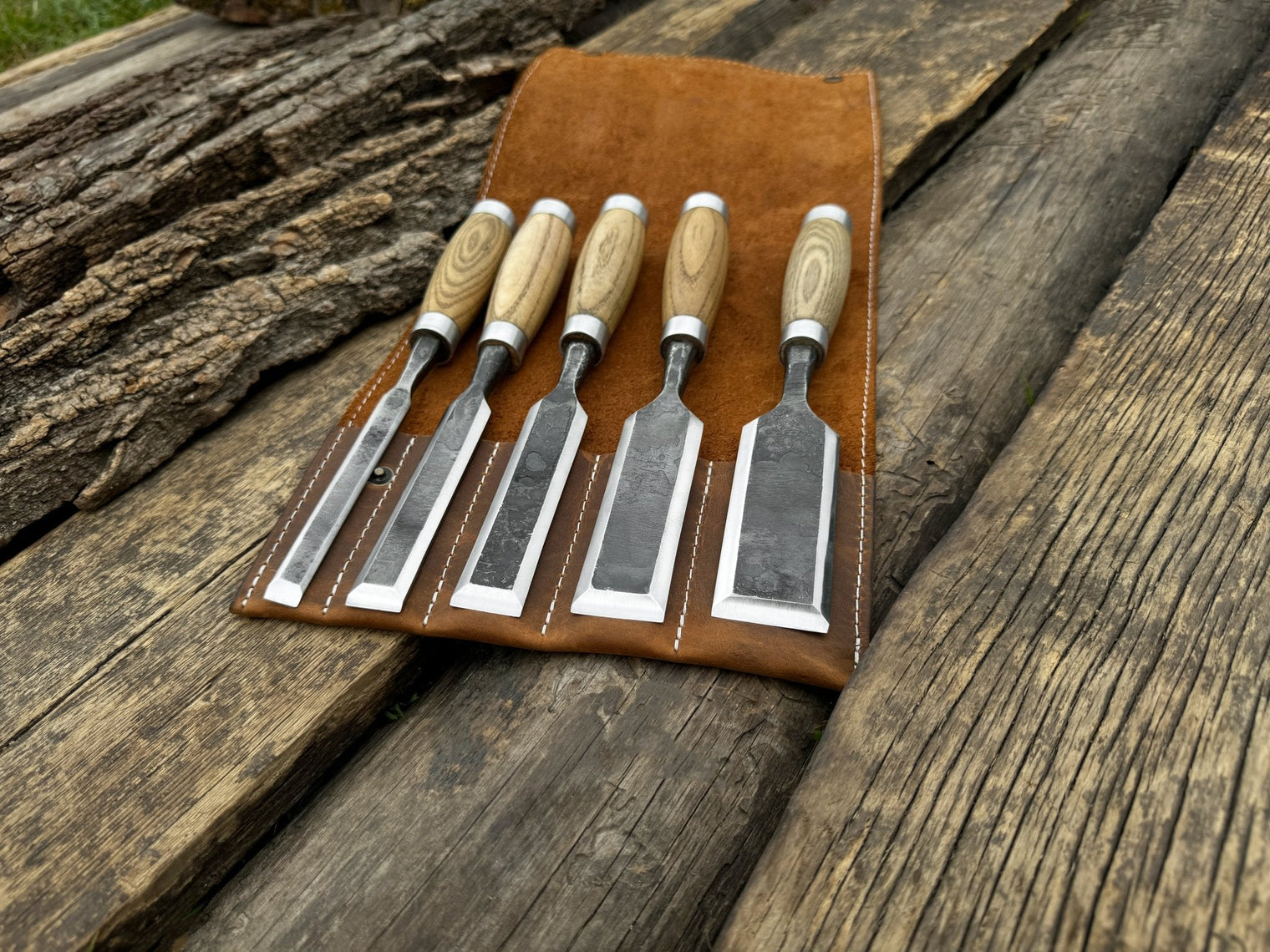 5-Piece Small Timber Framing Chisel Set with Leather Case