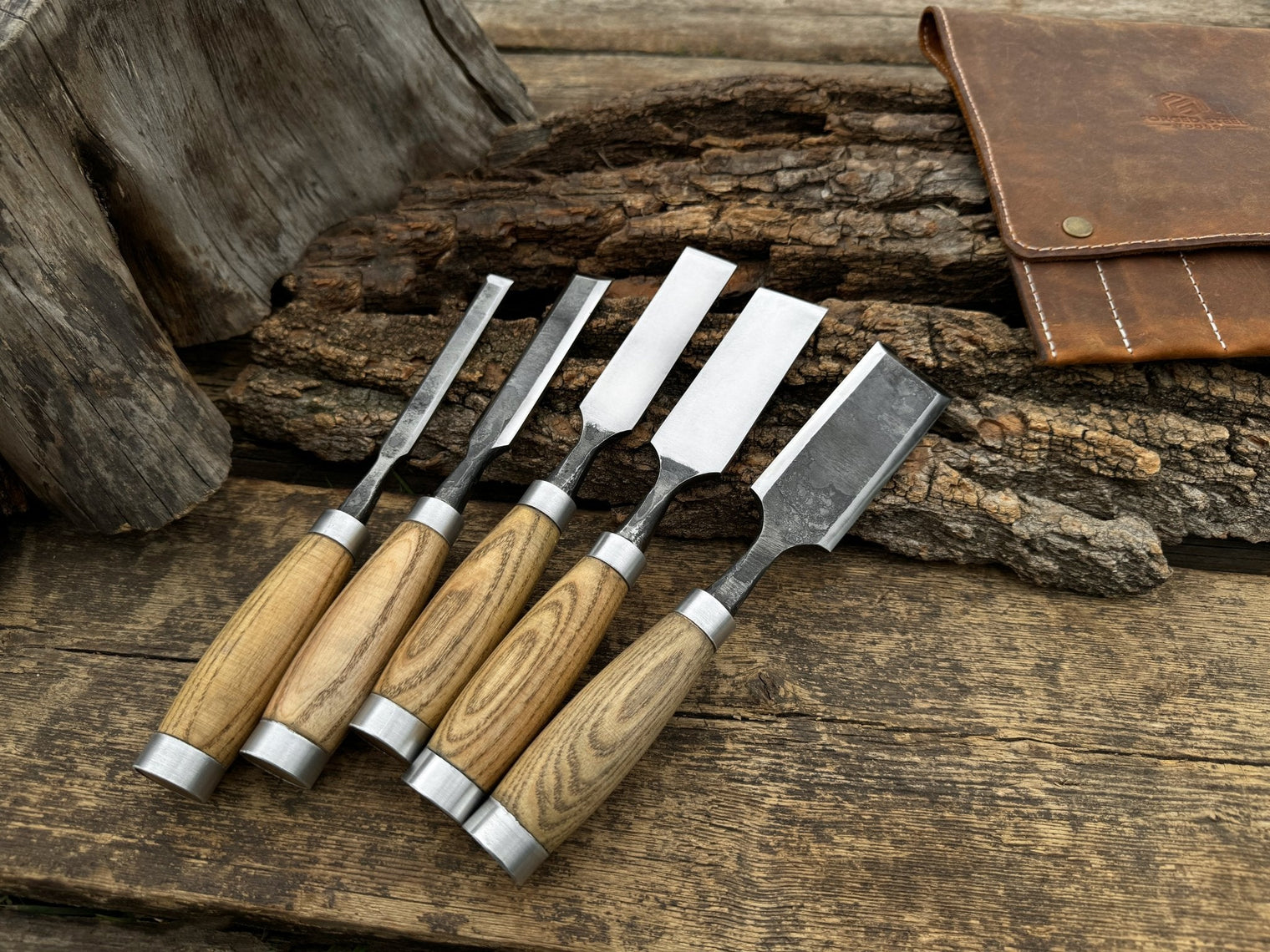 5-Piece Small Timber Framing Chisel Set with Leather Case