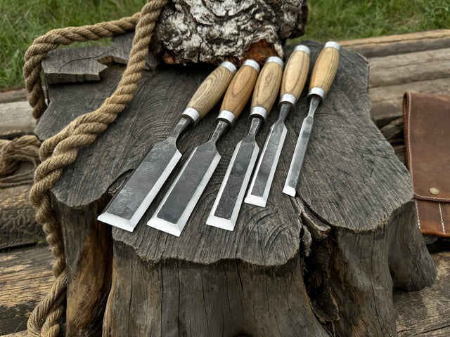 5-Piece Small Timber Framing Chisel Set with Leather Case