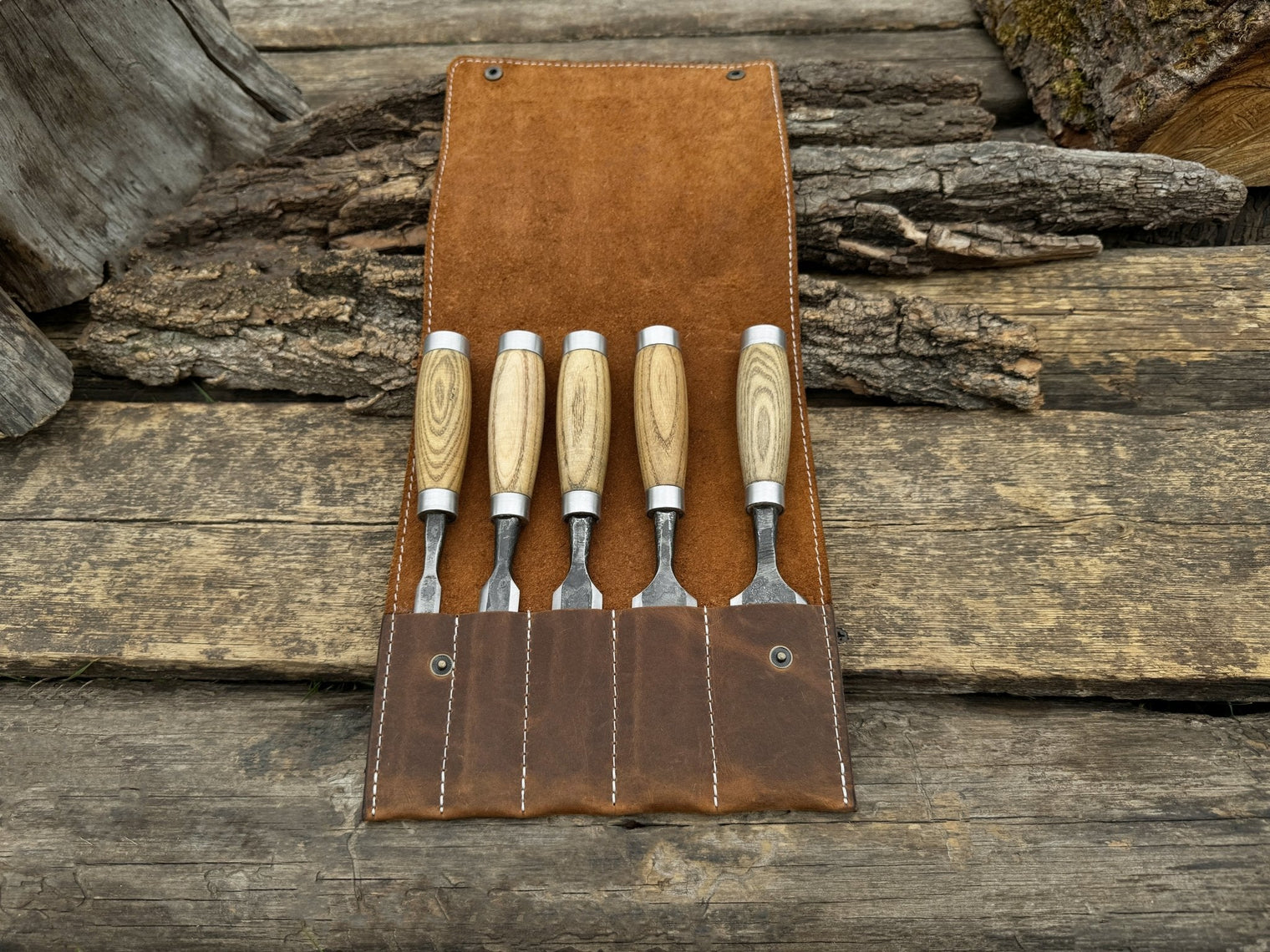 5-Piece Small Timber Framing Chisel Set with Leather Case