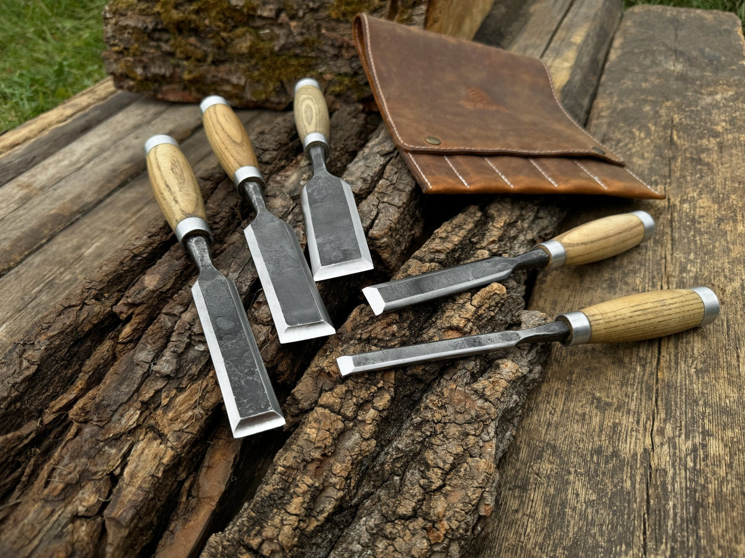 5-Piece Small Timber Framing Chisel Set with Leather Case