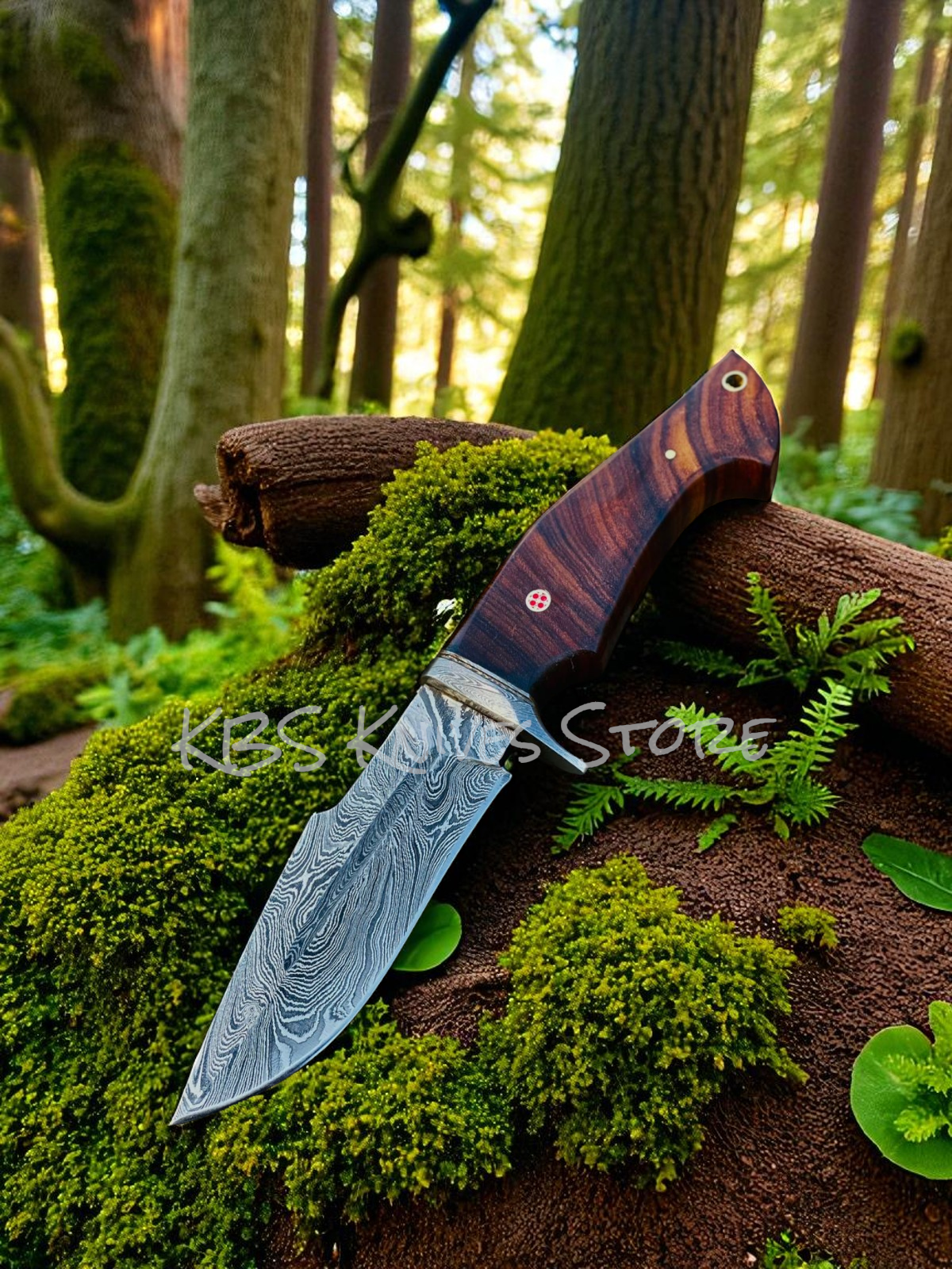 Handmade Damascus Hunting Knife – 10" Full-Tang Blade with Rosewood Handle