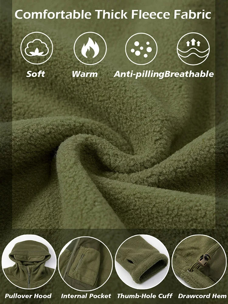 Men's Hunting Fleece Jacket Hiking Hunting Outdoor Fleece Tactical Jacket Winter Warm Full Zip Military Hoodies Multi-Pockets