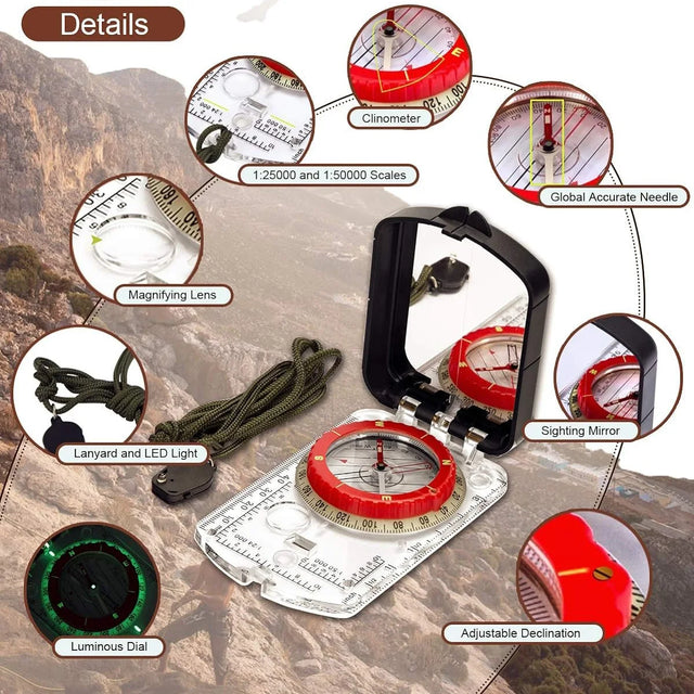 Orienteering Map Compass | Sighting Mirror with Adjustable Declination