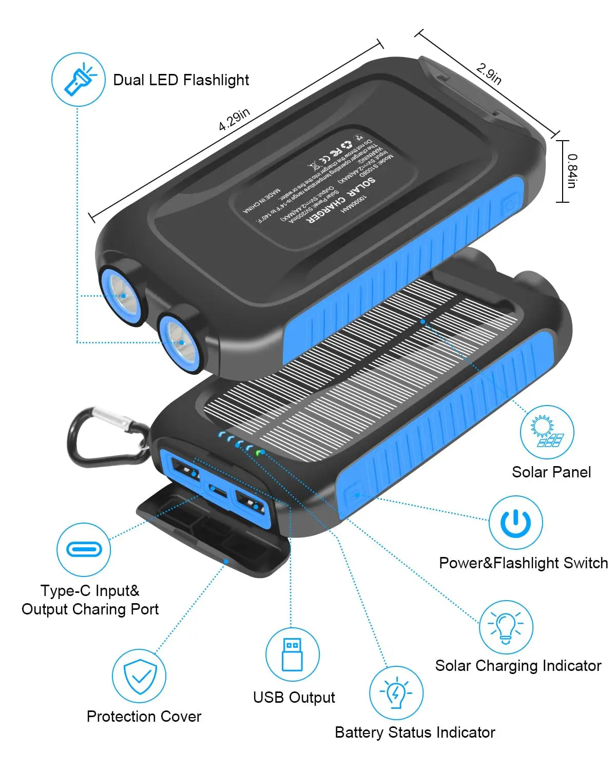 10000mAh Solar Power Bank | Waterproof Emergency Charger with Dual USB