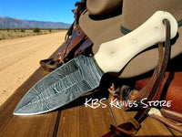 Handcrafted Damascus Steel Cowboy Utility Tool – 6.2" Bone Handle Collectible