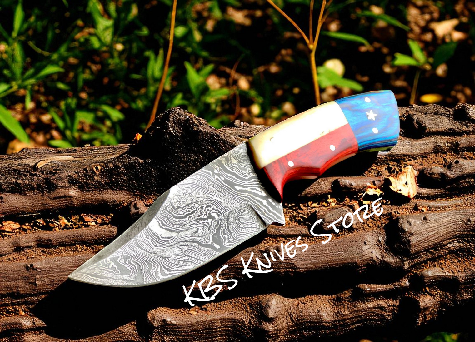 Hand-Forged Damascus Outdoor Utility Knife – Texas Flag Handle