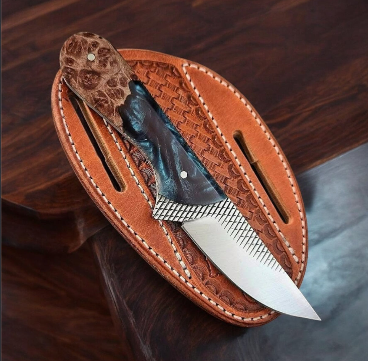 Handcrafted Cowboy Fixed Blade Knife – 9" Rasp Steel Outdoor Knife with Resin & Wood Handle + Leather Sheath