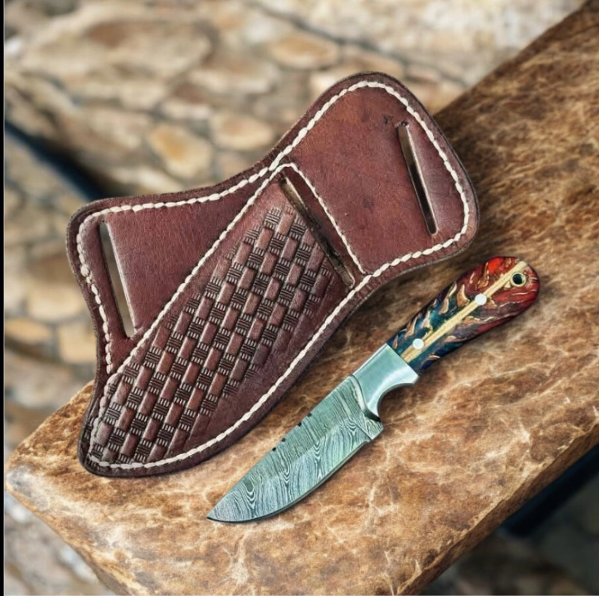 Western Handcrafted Damascus Steel Utility Tool – Fixed Blade with Leather Sheath