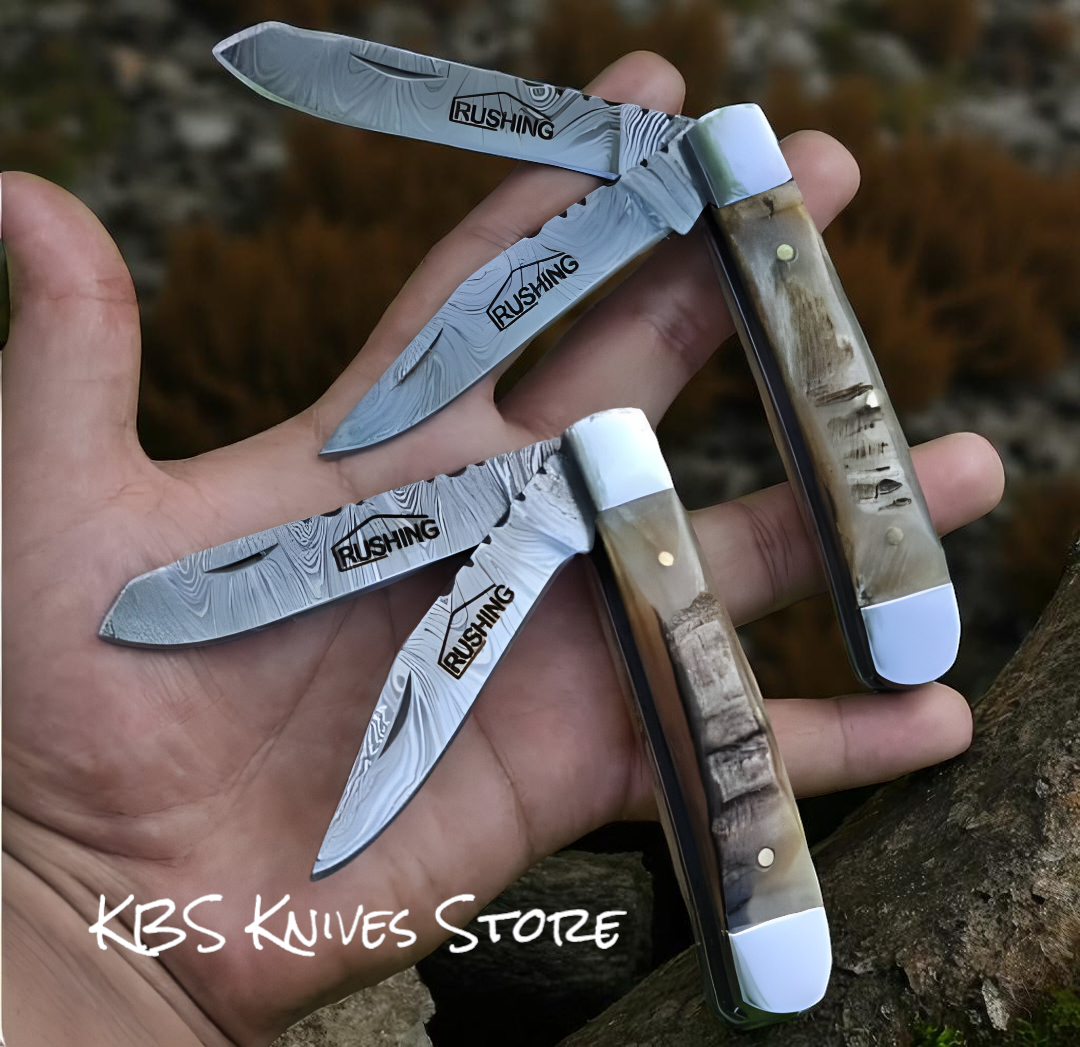 Personalized Trapper Knife – Double Damascus Blades with Leather Sheath