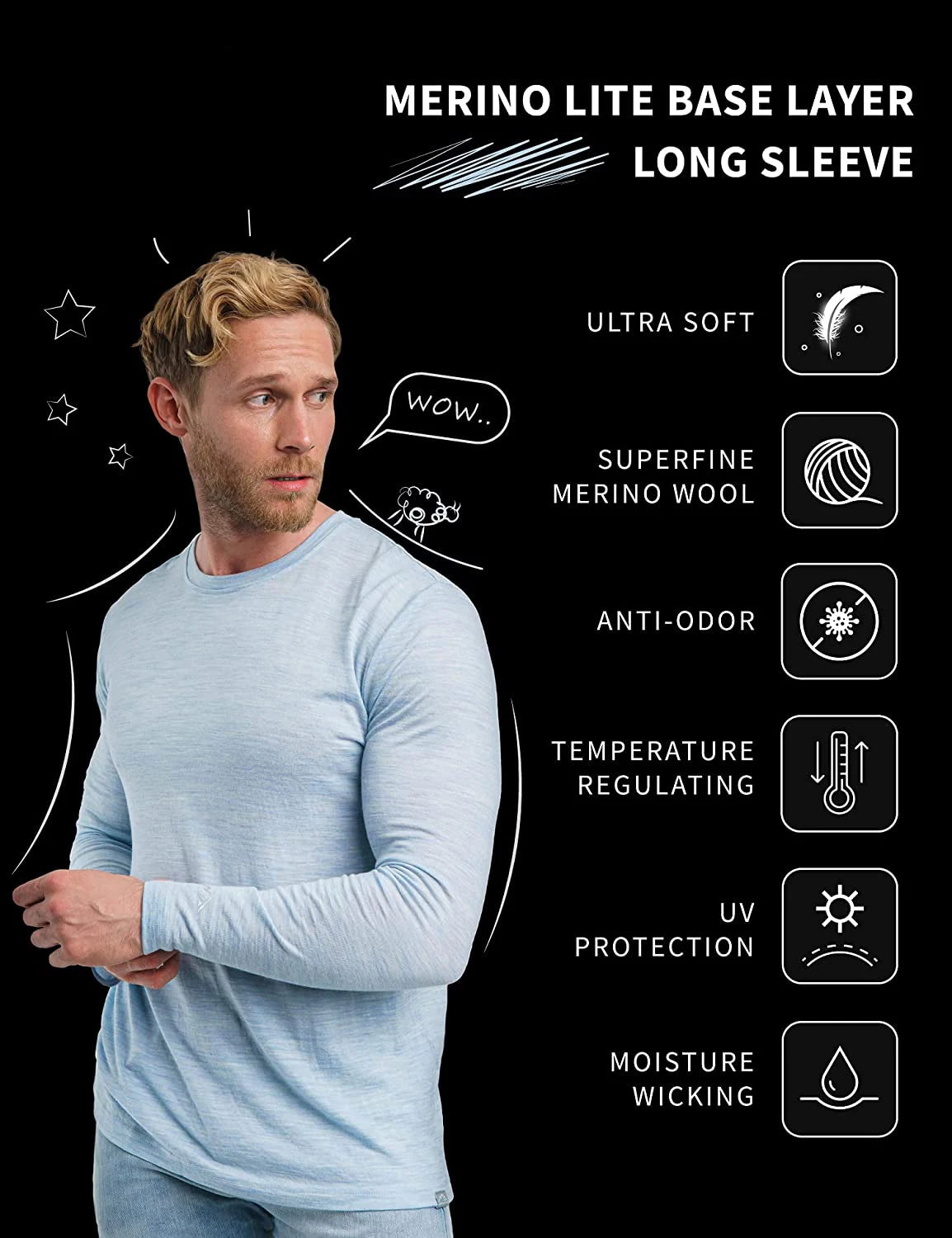 100% Merino Wool Base Layer Men Merino Wool Long Sleeve 240G Midweight Thermal Underwear Wicking Breathable Top + Hiking Socks