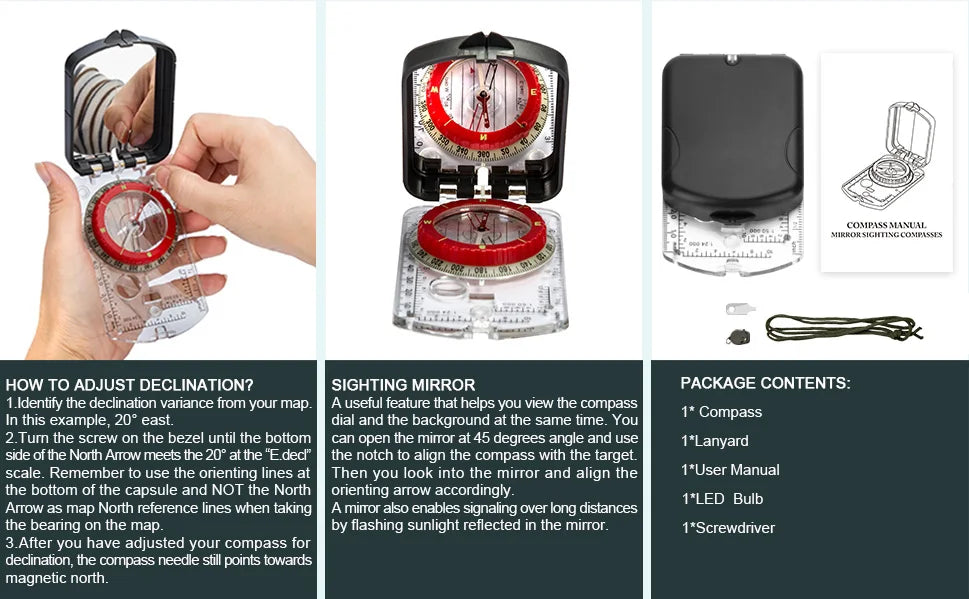 Orienteering Map Compass | Sighting Mirror with Adjustable Declination
