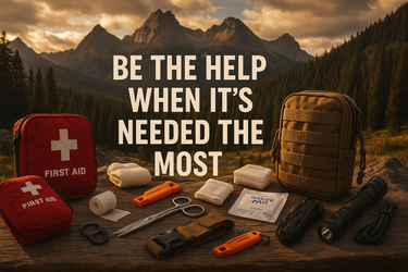 Capture this: wilderness setting/ Preparedness means being ready to care for yourself — and others. Our survival medical gear equips you to treat injuries, stop bleeding, and provide critical aid until professional help arrives. From urban emergencies to backcountry rescues, be the one your family, friends, and community can count on. The words, "Be the help when it's needed the most," should be centered directly in the middle of the photo