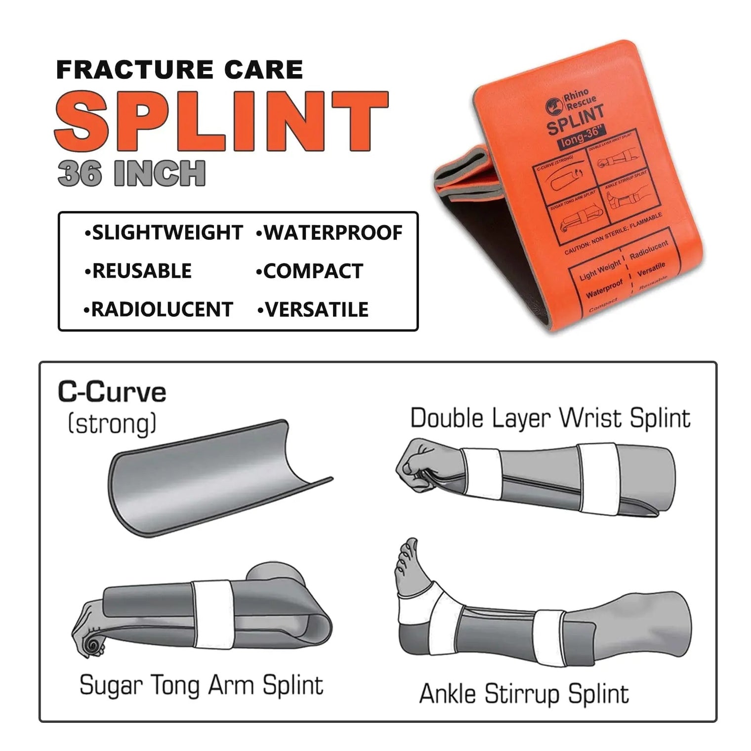 RHINO RESCUE First Aid Splint – 36" x 4.3" Lightweight Emergency Bone Support for Camping, Hiking & Survival Kits - The EDC Outpost