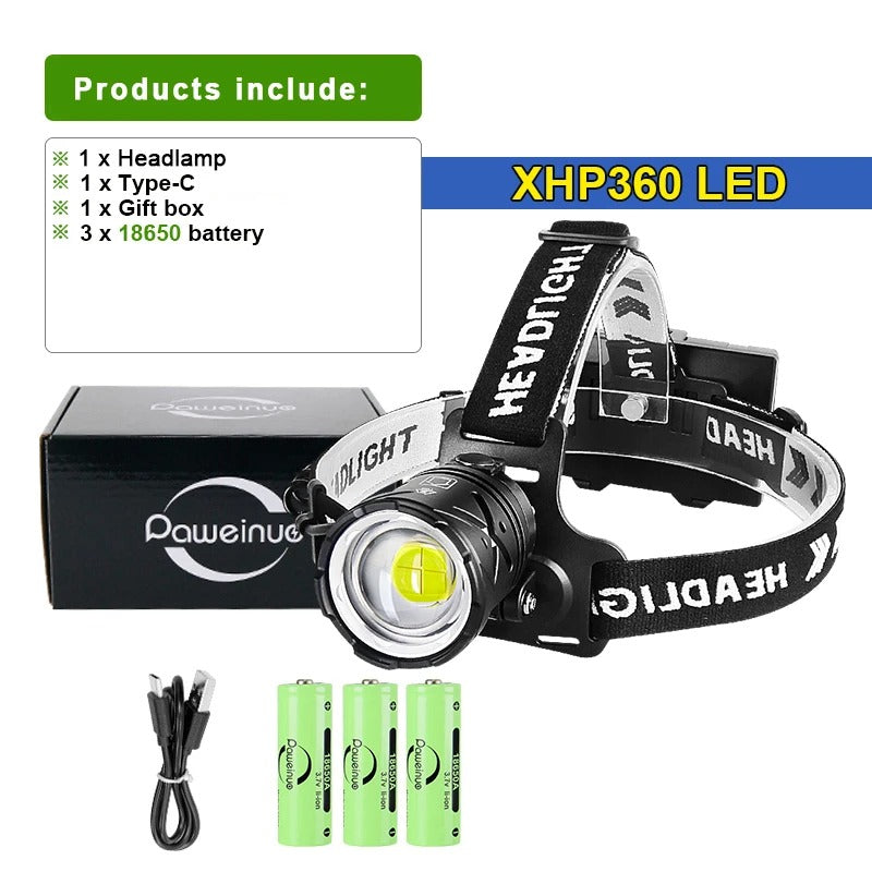80000LM Powerful XHP360 LED Headlamp – USB Rechargeable Headlight Flashlight with Large Aperture for Camping, Fishing & Outdoor Adventures - The EDC Outpost
